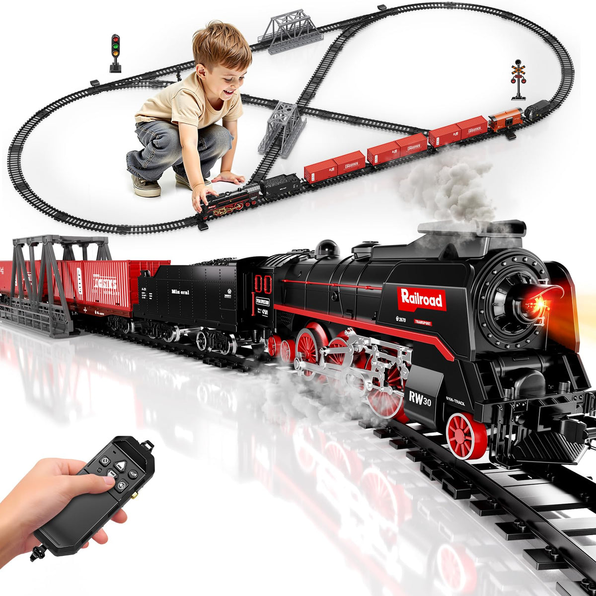 Model Train Set, Remote Control Train Toys with 3Way Smoke Locomotive, 5 Train Cars, Luxury Track Kit, Authentic Train Sounds &amp; Lights, Rechargeable Battery, Top Present for Train Lovers (Black)