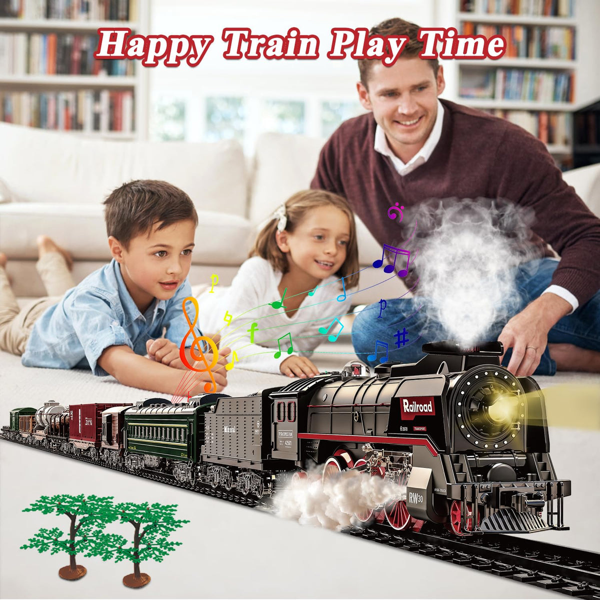 Train Set for Kids, Electric Train Toys with Realistic Light Sounds Smoke, Christmas Train Model Gifts for Toddlers Boys Girls, Steam Locomotive, Luxury Track & 2 Glowing Passenger Carriages (Black)