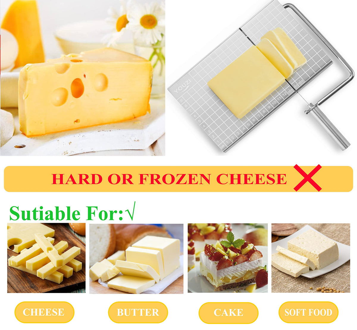 Stainless Steel Cheese Slicer with 10 Replacement Wires – Precision Grid Cutting Board, Ergonomic Handle, Easy to Clean – Ideal for Butter, Cake, Soft Cheese (Silver)