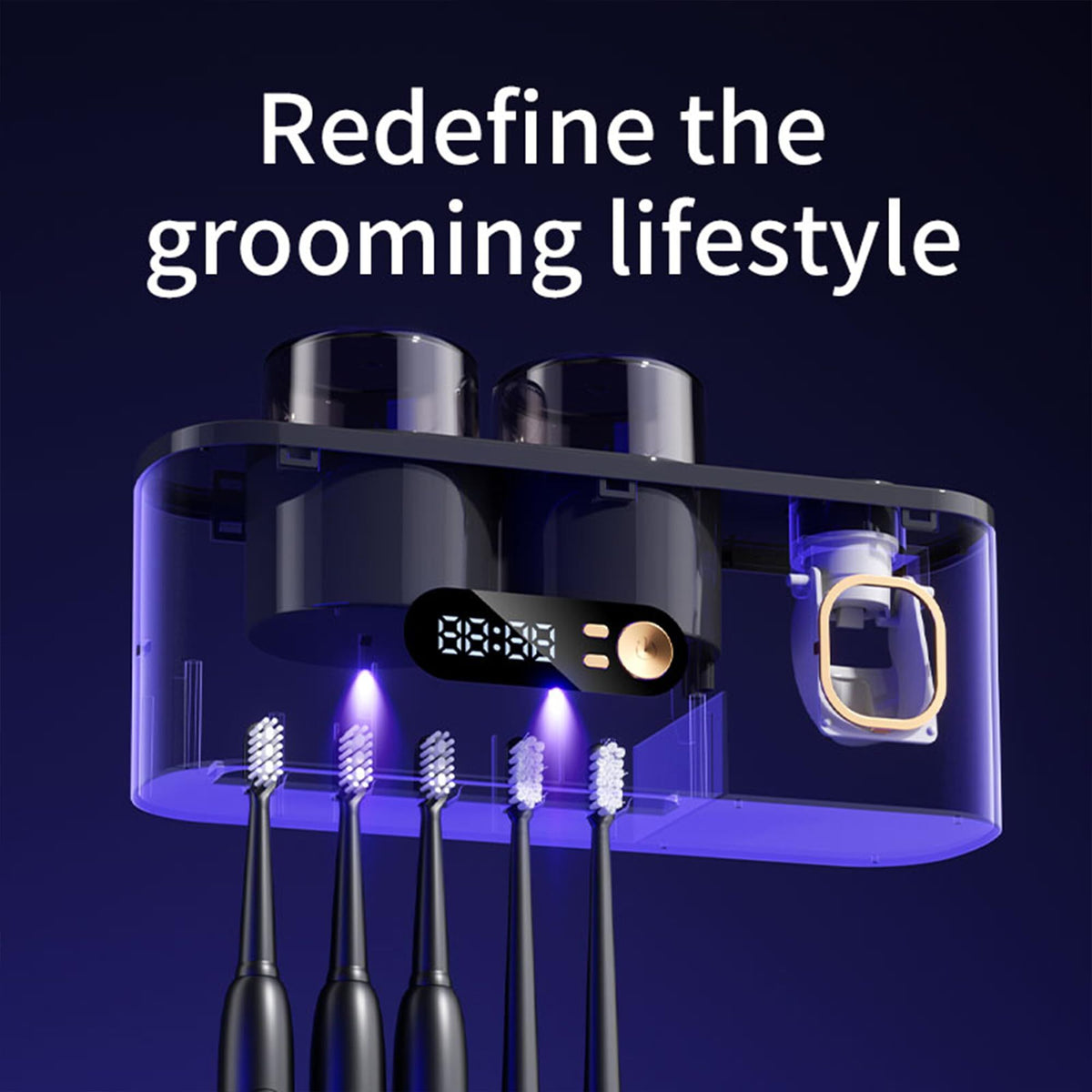 UV Toothbrush Holder with Disinfection & Toothpaste Dispenser – Wall-Mounted Bathroom Organizer with LED Display and 2 Cups
