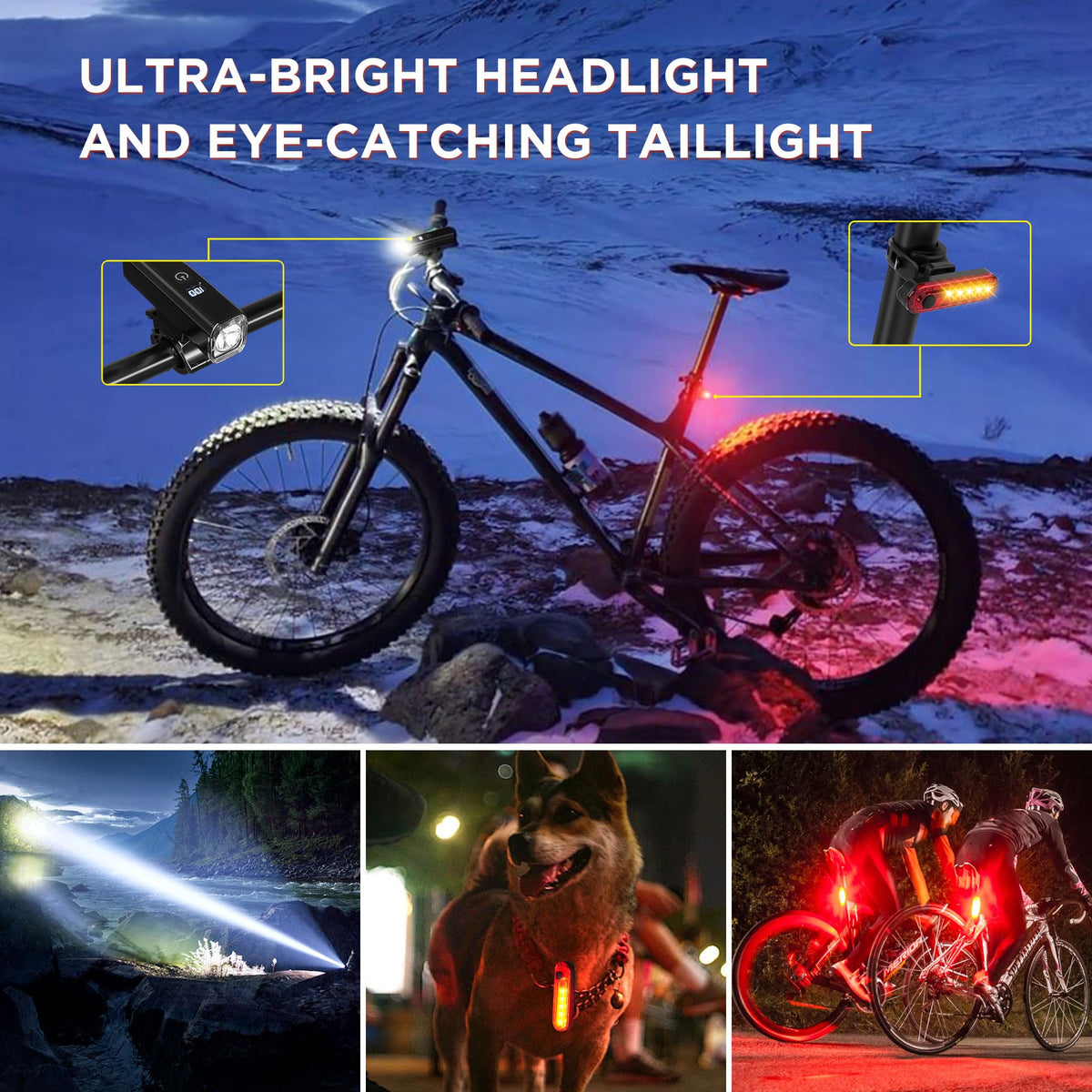 Ultra-Bright 1200 Lumen Bike Light Set with USB Rechargeable Headlight & Tail Light – IP65 Waterproof Cycling Lamp for Night Riding (Black)