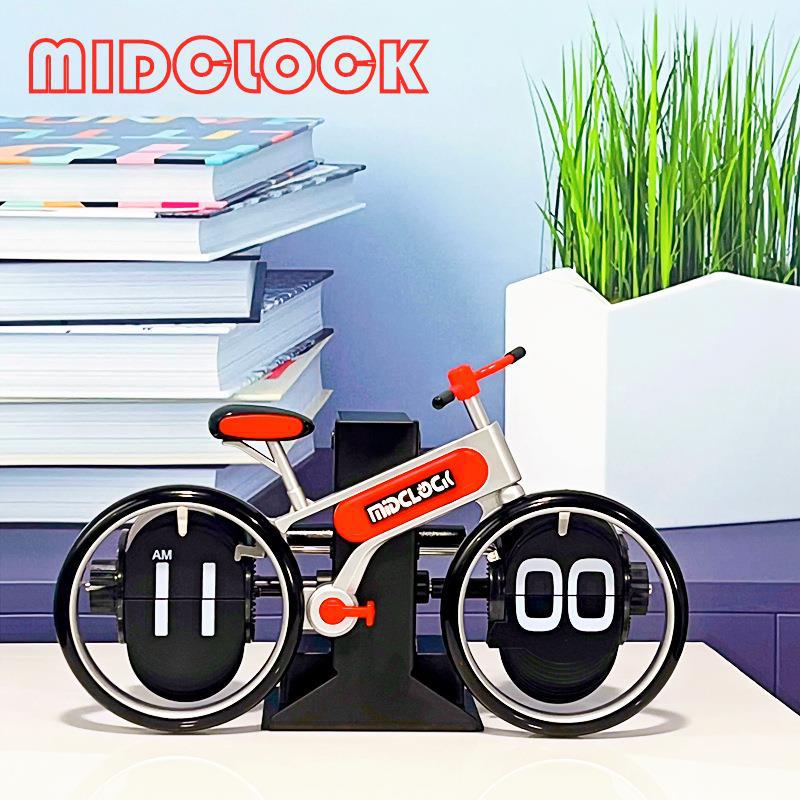 Modern Bicycle Flip Clock – Creative Mechanical Desk Timepiece with Dual Rotating Wheels, Retro Design for Home Office Decor, Compact Size (Red)