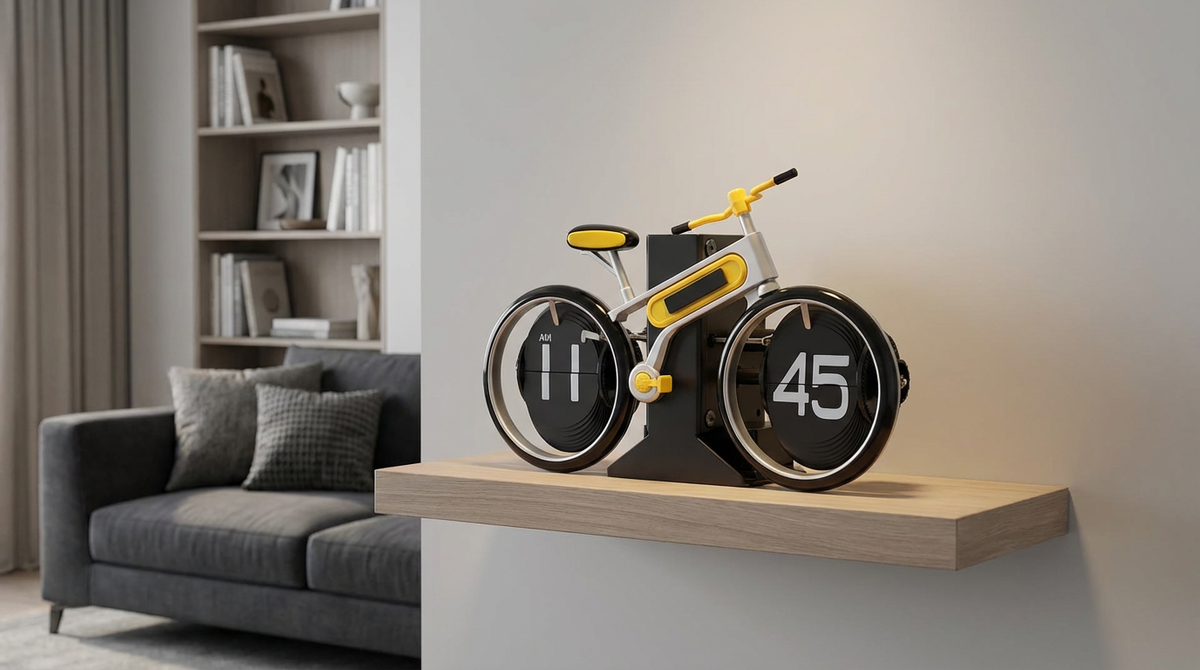 Modern Bicycle Flip Clock – Creative Mechanical Desk Timepiece with Dual Rotating Wheels, Retro Design for Home Office Decor, Compact Size (Yellow)