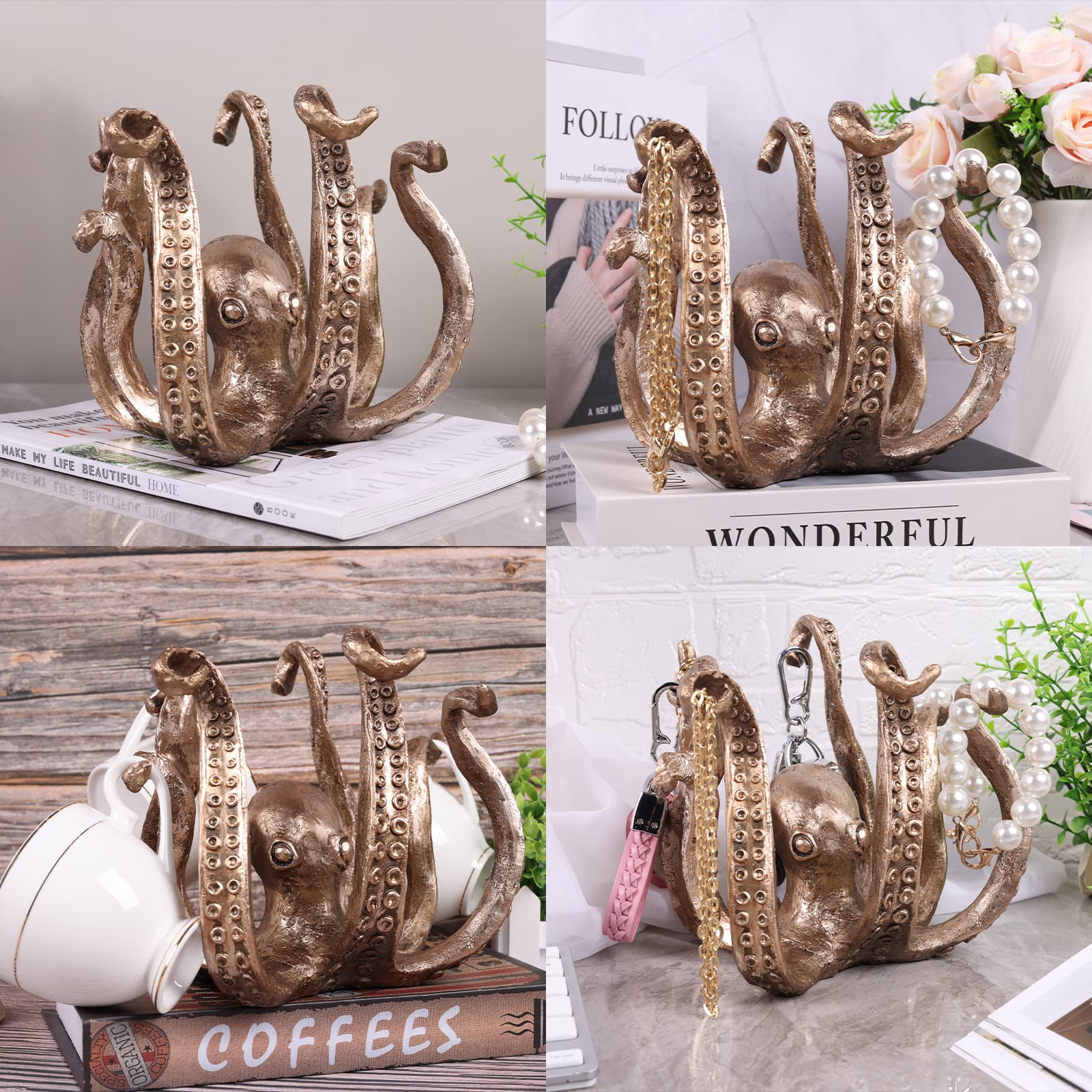 Multi-Functional Octopus Sculpture – Decorative Resin Cup Holder & Jewelry Organizer, Unique Home Accent for Living Room, Office, or Desk (Bronze)