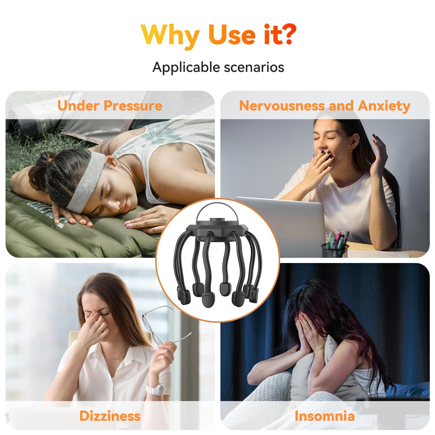 Wireless Octopus Head Massager – 8-Point Vibration Therapy, 360° Scalp Relief, Rechargeable with 3 Modes for Stress & Insomnia Relief (Black)