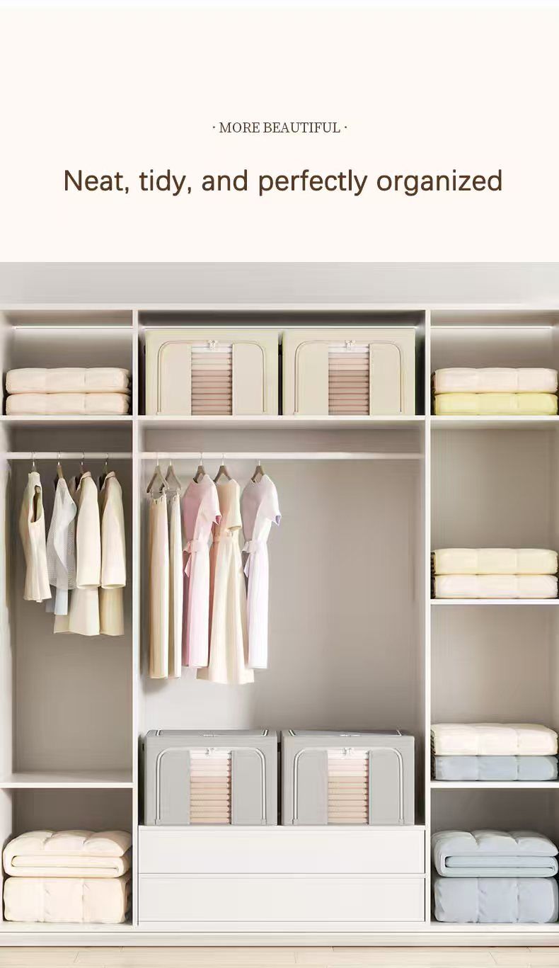Clothes Storage Bins, 6 Pack Bedding Organizers with Handles, Stackable Metal Frame Closet Organizer, Visable Windows, Clothing Organization for Sweatshirt, Blanket, Long Dresses, (22L khaki)