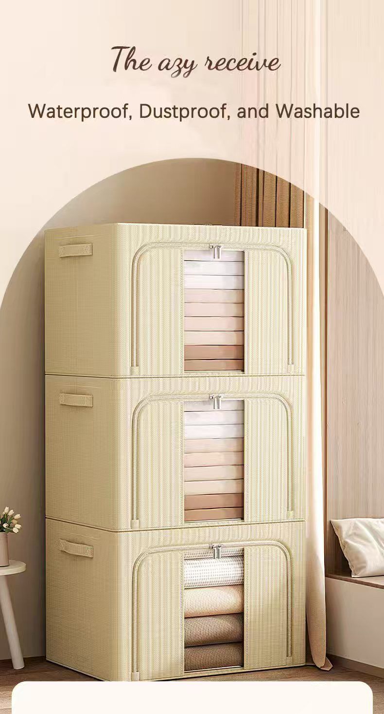 Clothes Storage Bins, 6 Pack Bedding Organizers with Handles, Stackable Metal Frame Closet Organizer, Visable Windows, Clothing Organization for Sweatshirt, Blanket, Long Dresses, (66L khaki)