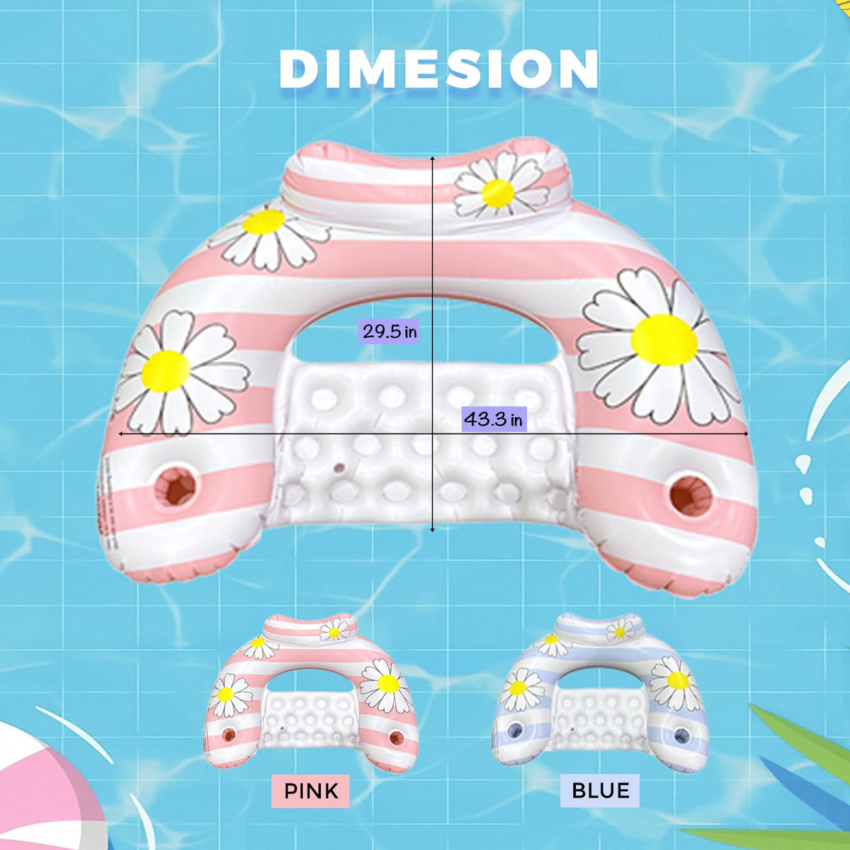 Daisy Inflatable Pool Floats 2-Pack for Adults: U-Shaped Lounge Chairs with Cup Holders, Portable for Pool, Beach, Summer Fun