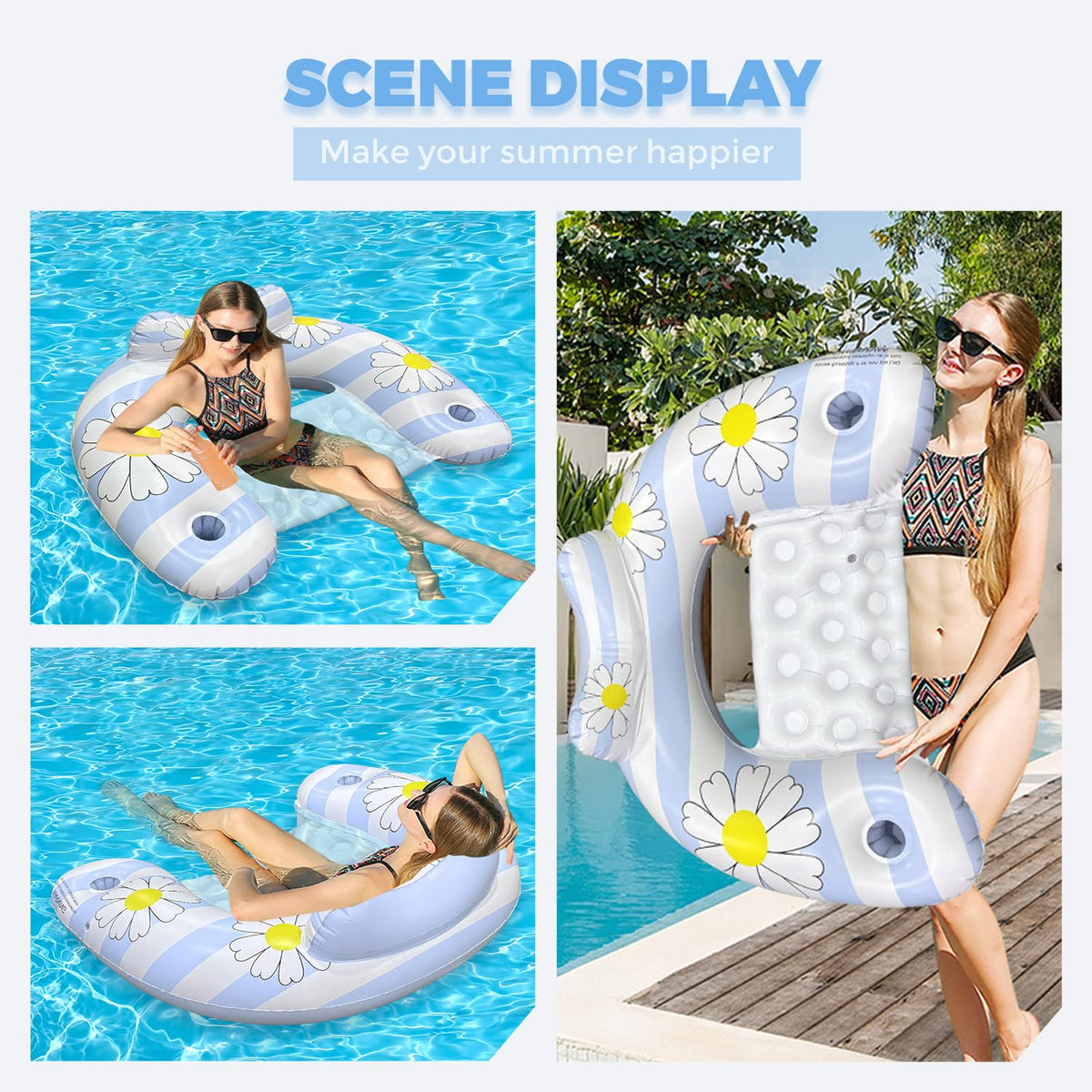 Daisy Inflatable Pool Floats 2-Pack for Adults: U-Shaped Lounge Chairs with Cup Holders, Portable for Pool, Beach, Summer Fun
