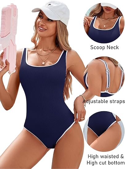 Women's Dark Blue One Piece Swimsuit with White Trim: Adjustable Strap, Ribbed, High Cut for Sports & Beach（XL）