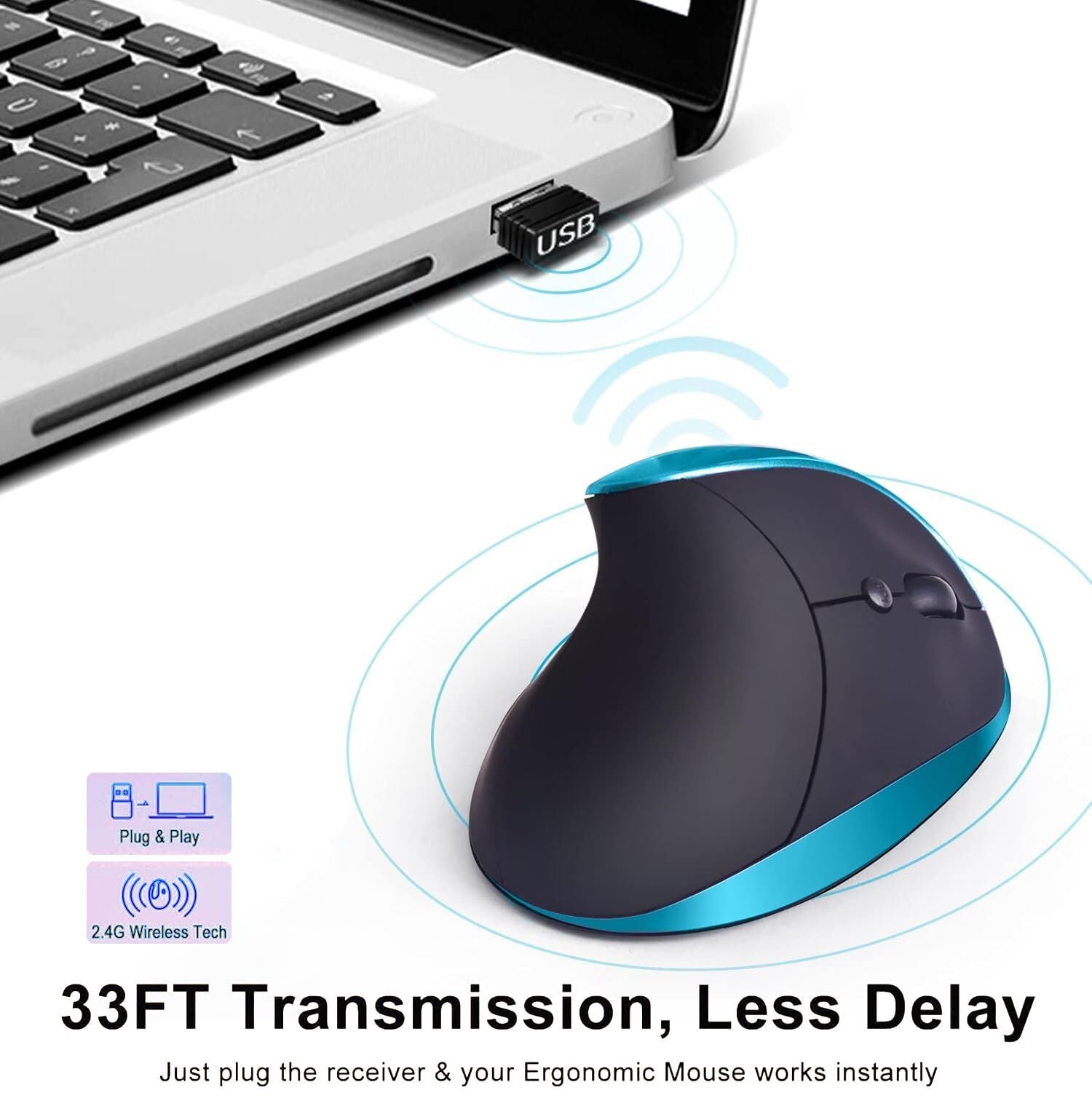 Blue Ergonomic Wireless Vertical Mouse (Small Hand-Friendly): USB-C Rechargeable, 2.4G 3-DPI, Reduce Wrist Strain (Right-Handed)