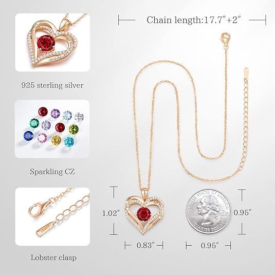 Forever Love Heart Birthstone Necklace: 925 Sterling Silver Personalized Jewelry for Mom, Wife, Friend with 12 Month Stone Options（red diamond,January）