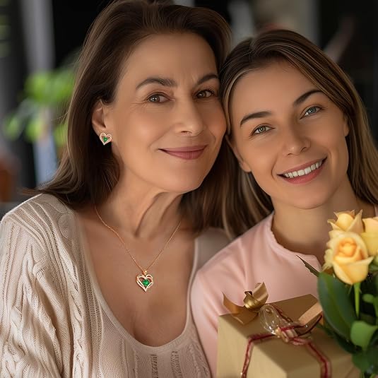 Forever Love Heart Birthstone Necklace: 925 Sterling Silver Personalized Jewelry for Mom, Wife, Friend with 12 Month Stone Options（green diamond,May）