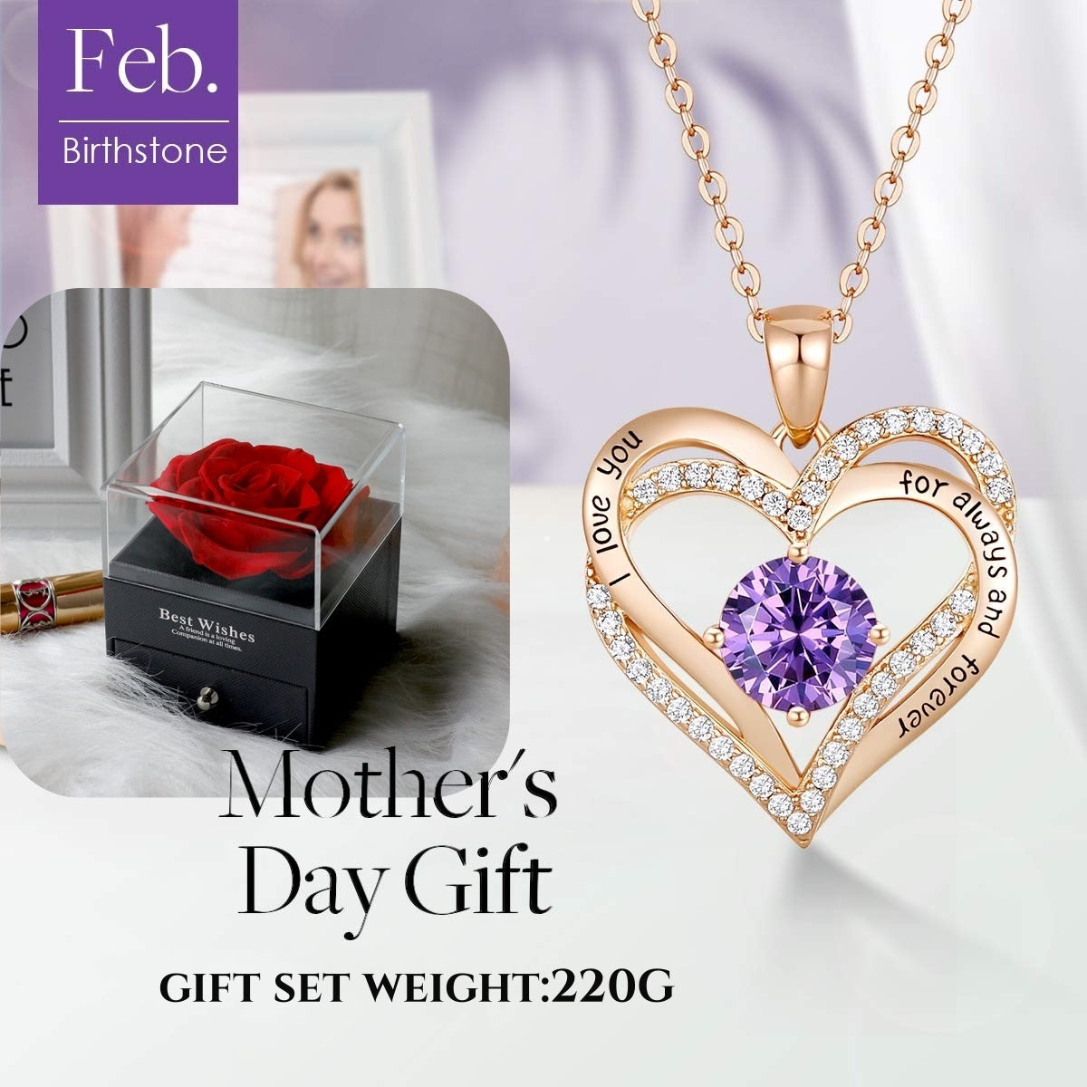 Forever Love Heart Birthstone Necklace: 925 Sterling Silver Personalized Jewelry for Mom, Wife, Friend with 12 Month Stone Options（purple diamond,February）