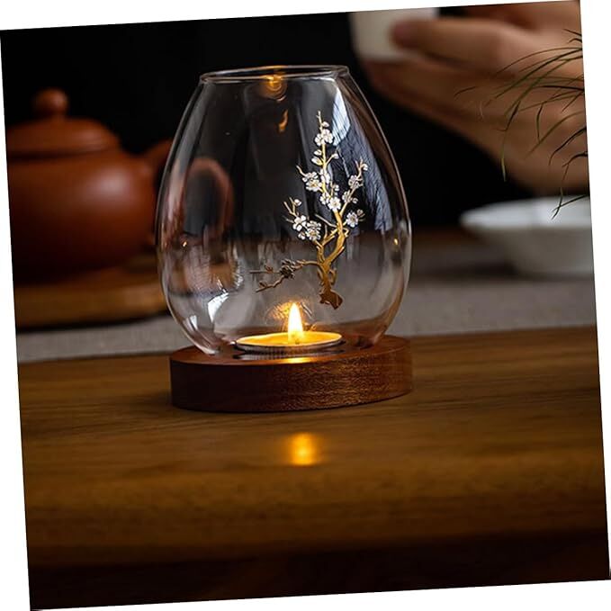 Chinese-Style Glass Candle Holder with Plum Blossom Design: 12×8cm, Windproof, Retro Zen Decor for Romantic Dinners &amp; Home Ambiance