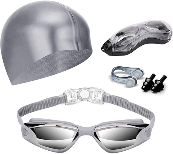 Gray Swim Goggles Set with Cap, Nose Clip, Earplugs &amp; Case: Anti-Fog UV Protection for Men &amp; Women