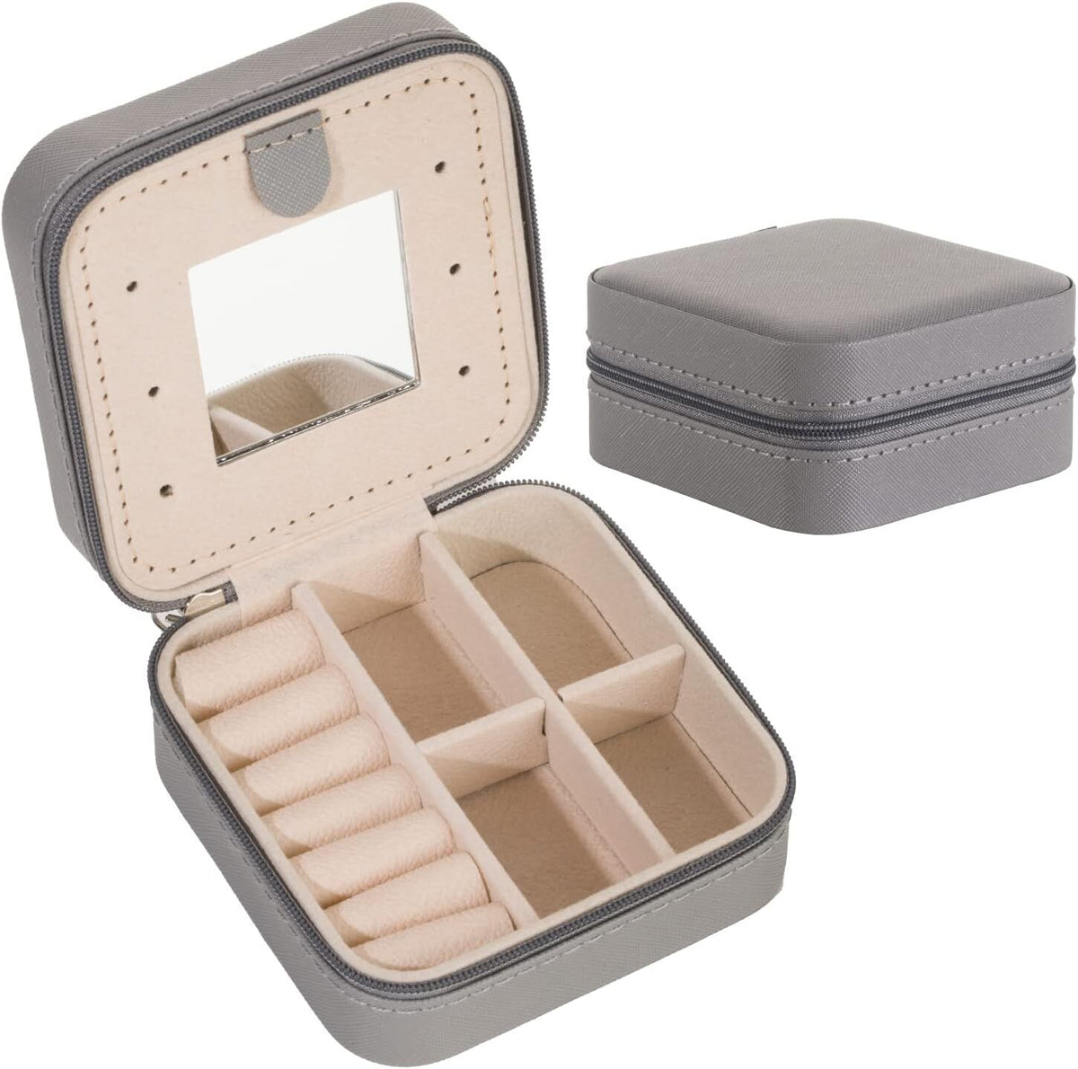 Grey Travel Jewelry Box with Mirror: Chic, Organised Storage for Rings, Necklaces &amp; Earrings, Ideal for Aussies