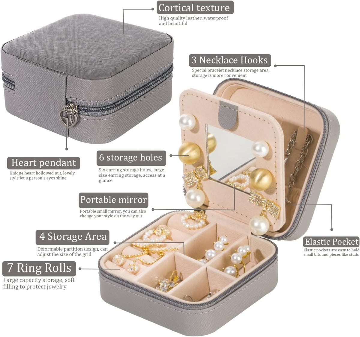 Grey Travel Jewelry Box with Mirror: Chic, Organised Storage for Rings, Necklaces & Earrings, Ideal for Aussies