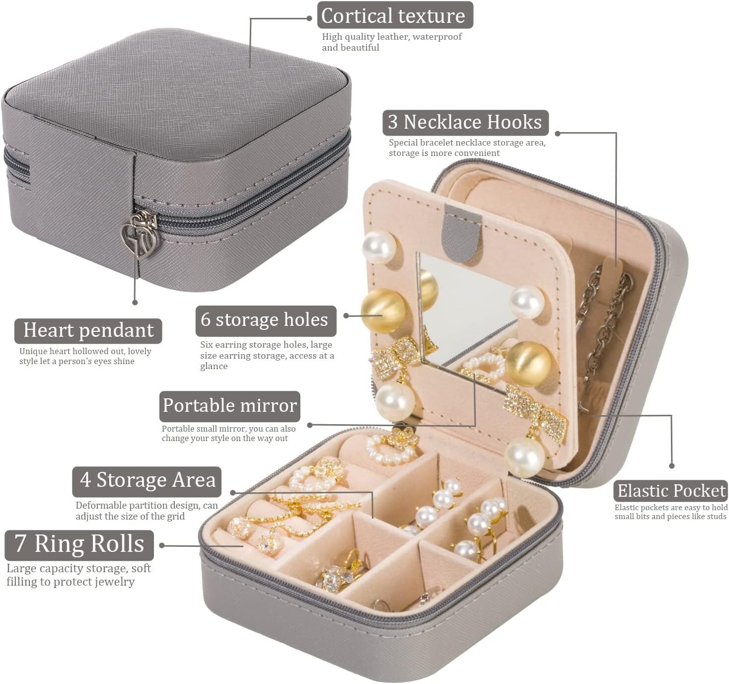 Grey Travel Jewelry Box with Mirror: Chic, Organised Storage for Rings, Necklaces & Earrings, Ideal for Aussies