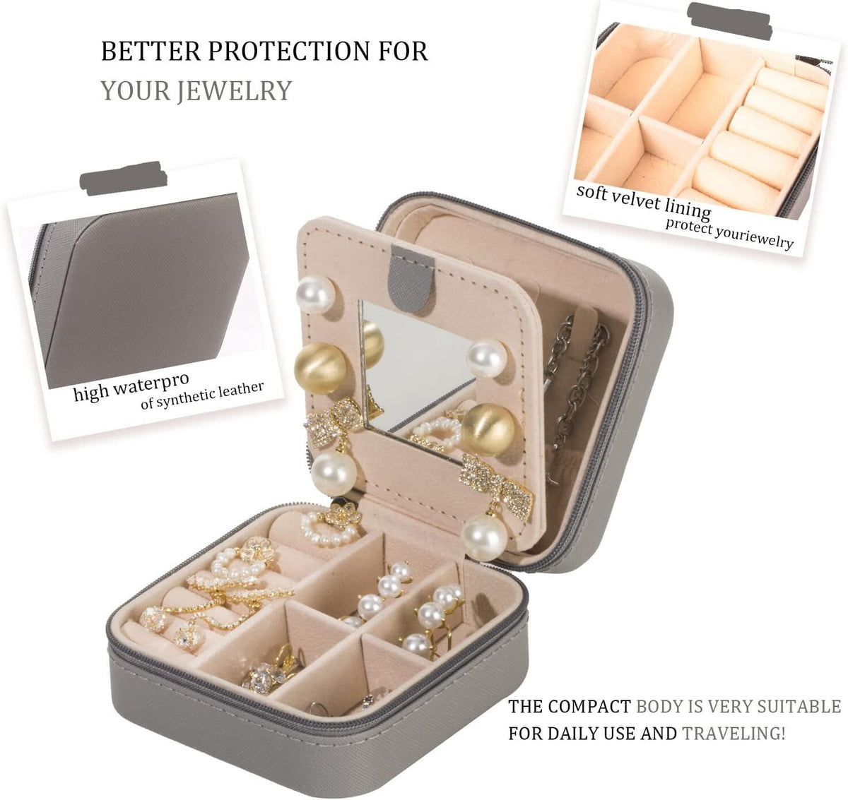 Grey Travel Jewelry Box with Mirror: Chic, Organised Storage for Rings, Necklaces & Earrings, Ideal for Aussies