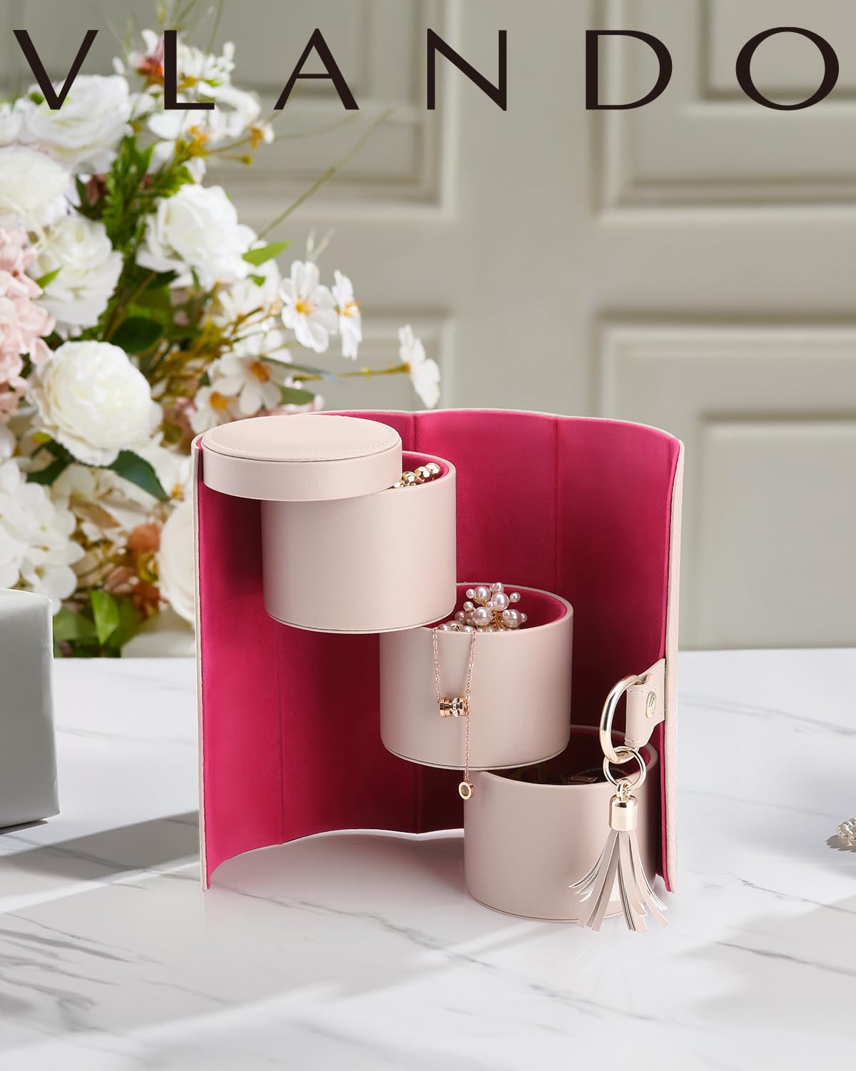 Grey Travel Jewelry Case: 3-Layer PU Cylinder Organizer for Necklaces, Earrings, Gifts for Travelers & Jewelry Lovers