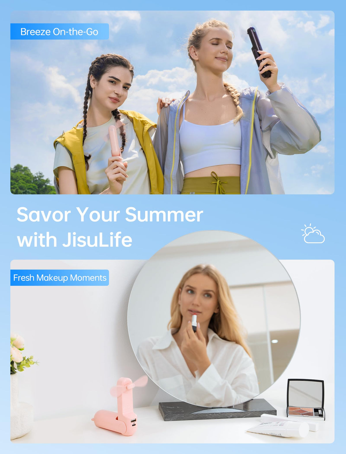 Handheld Mini Fan (Pink), 3-in-1 USB Rechargeable Portable Fan with Power Bank & Flashlight, Pocket Design for Travel & Summer