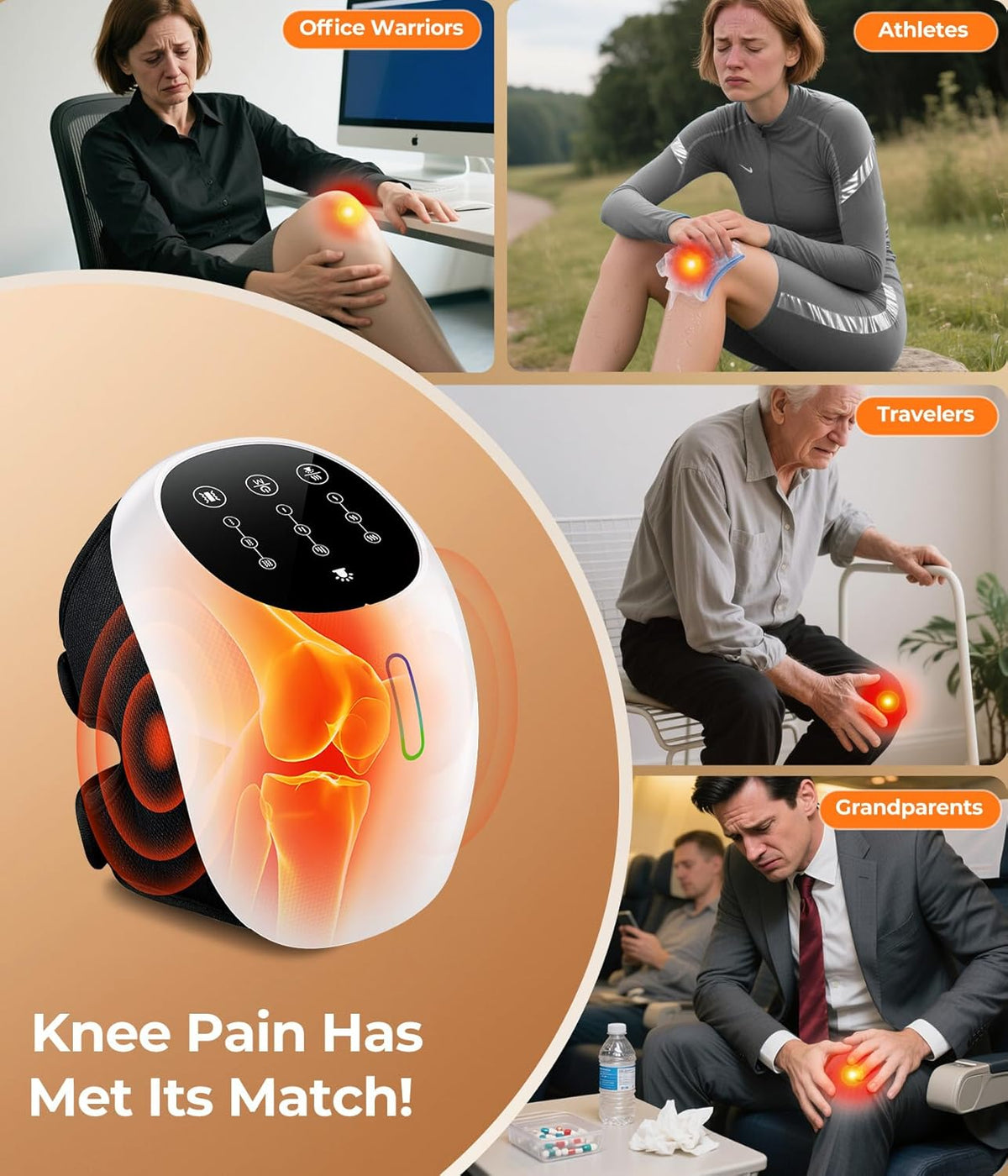 Cordless 360° Knee Massager with 1-Second Heat & Red Light Therapy: 3 Intensity Levels for Australian Athletes, Seniors & Active Adults