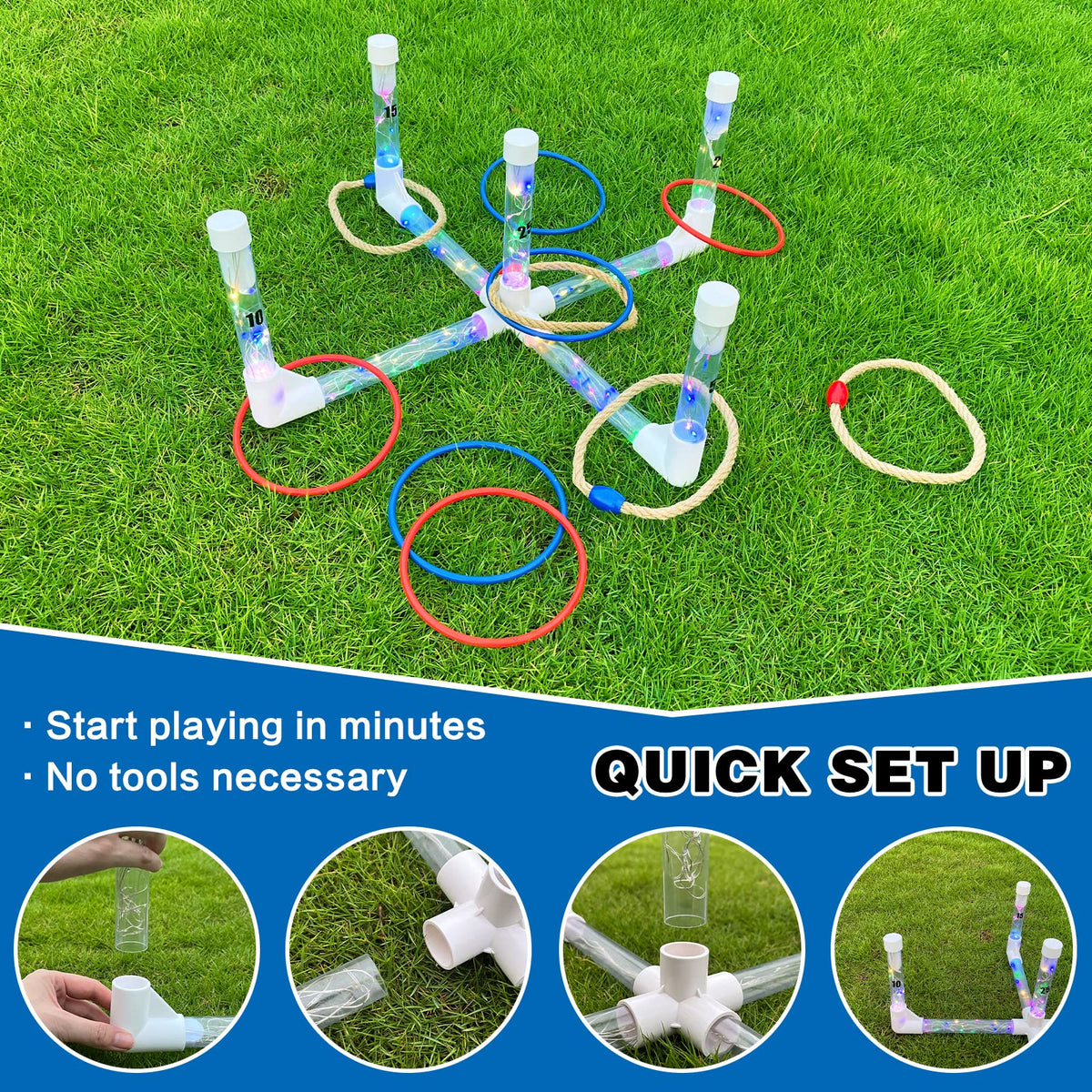 LED Ring Toss Game Set, Outdoor Indoor Yard Game for Adults & Kids with Light-Up Targets, Compact Carry for Parties & Family Fun