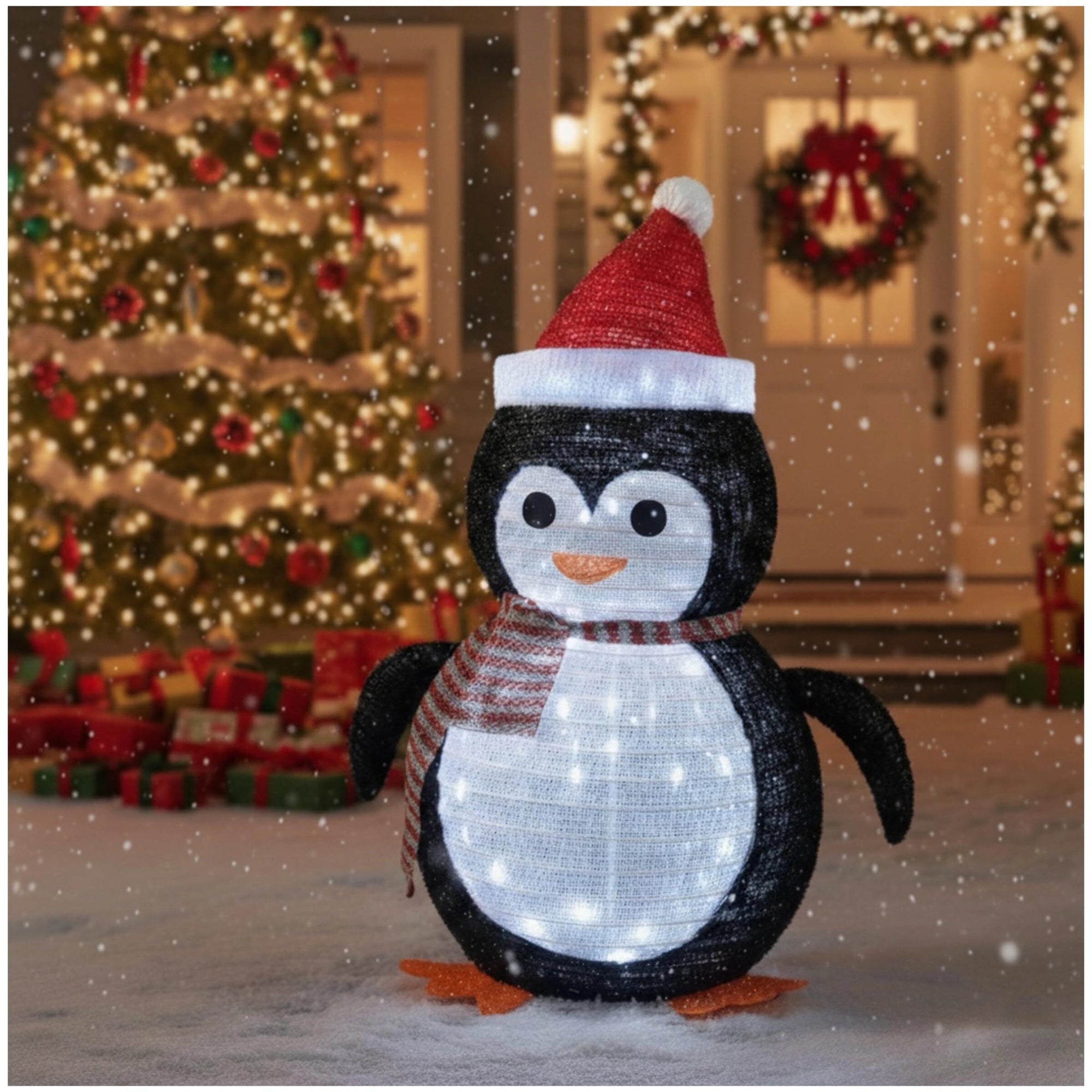 Lighted Christmas Penguin Decoration Lantern – Collapsible Metal Frame Yard Ornament with 45 Cool White LEDs, Waterproof Battery Operated & Timer, Indoor Outdoor Holiday Décor for Porch,Tree, and Lawn