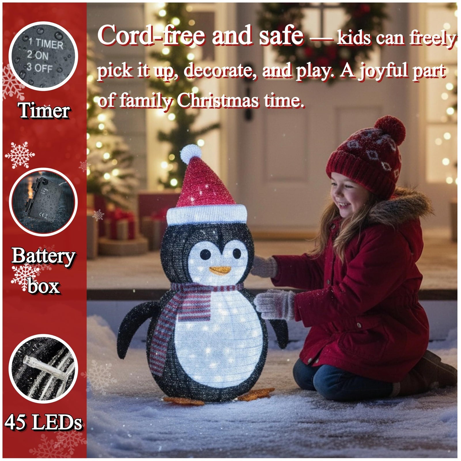2-Pack Lighted Christmas Penguin Decoration Lantern – Collapsible Metal Frame Yard Ornament with 45 Cool White LEDs, Waterproof Battery Operated & Timer, Indoor Outdoor Holiday Décor for Porch,Tree, and Lawn