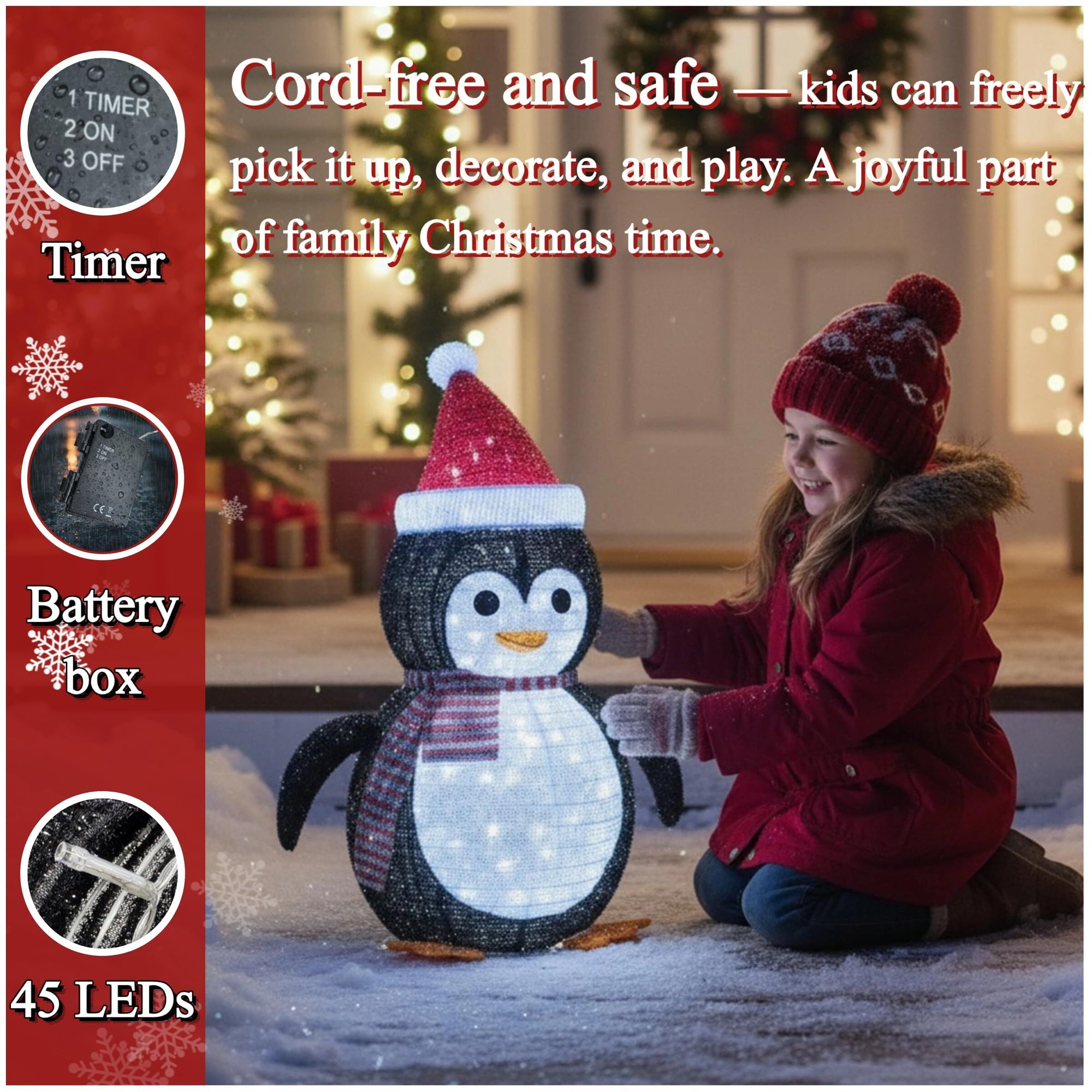 2-Pack Lighted Christmas Penguin Decoration Lantern – Collapsible Metal Frame Yard Ornament with 45 Cool White LEDs, Waterproof Battery Operated & Timer, Indoor Outdoor Holiday Décor for Porch,Tree, and Lawn