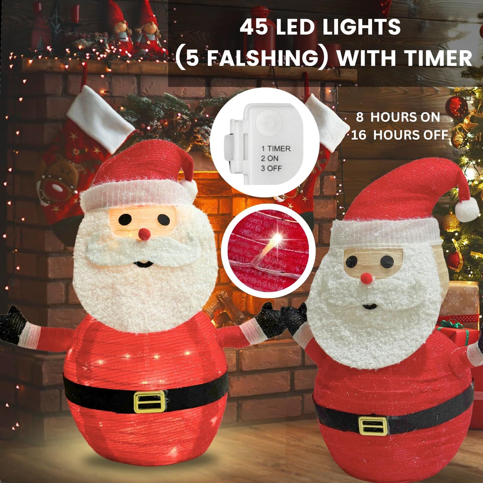 Lighted Christmas Santa Claus Decoration Lantern, 45 LED Collapsible Pop-Up Ornament with 8 Light Modes & Timer, Indoor Outdoor Holiday Décor