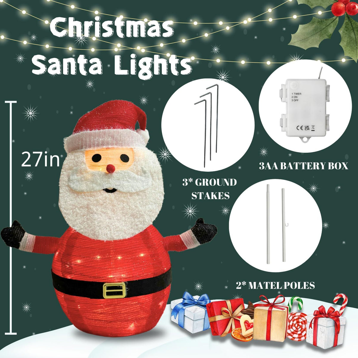 Lighted Christmas Santa Claus Decoration Lantern, 45 LED Collapsible Pop-Up Ornament with 8 Light Modes & Timer, Indoor Outdoor Holiday Décor