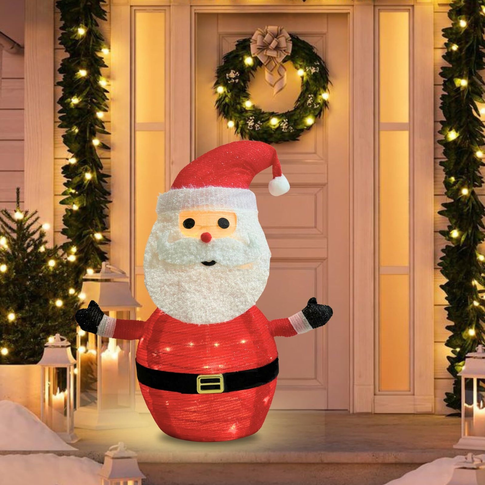 Lighted Christmas Santa Claus Decoration Lantern, 45 LED Collapsible Pop-Up Ornament with 8 Light Modes & Timer, Indoor Outdoor Holiday Décor