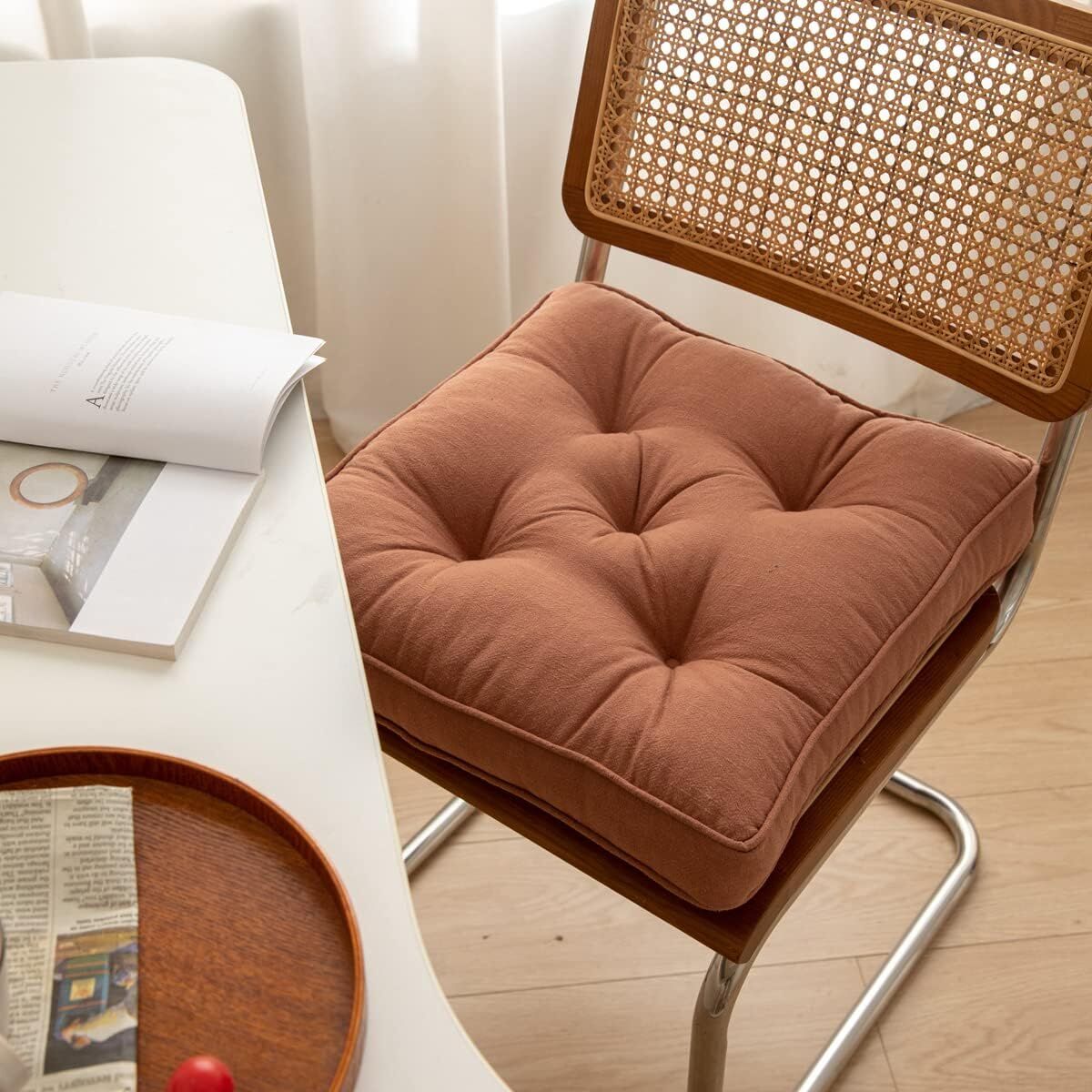 43×43×6cm Linen Cotton Thick Seat Cushion: Plush, Solid-Colour, for Office &amp; Home Chairs, Aussie Comfort Essential（Amber Brown）