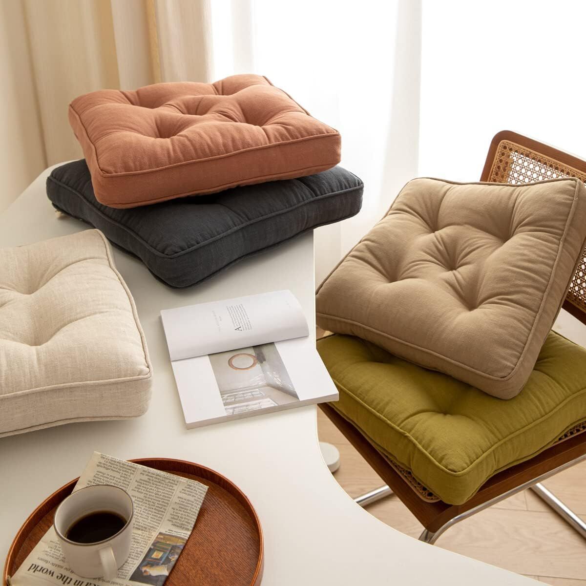 43×43×6cm Linen Cotton Thick Seat Cushion: Plush, Solid-Colour, for Office & Home Chairs, Aussie Comfort Essential（Amber Brown）