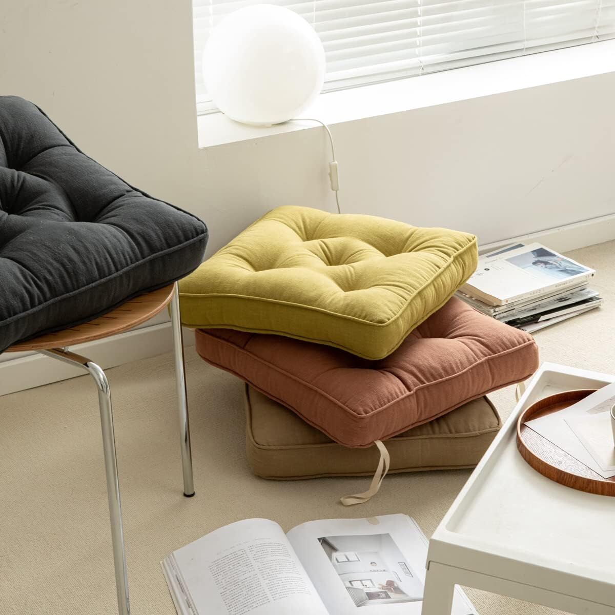 43×43×6cm Linen Cotton Thick Seat Cushion: Plush, Solid-Colour, for Office & Home Chairs, Aussie Comfort Essential（Amber Brown）