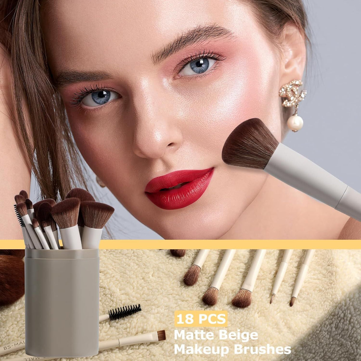 Matte Beige Makeup Brush Set (18-Piece): Professional, Cruelty-Free for Foundation, Blush & Eyeshadow, Ideal for Aussies