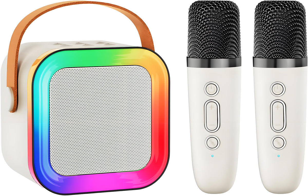 Off-White Mini Karaoke Machine with 2 Wireless Microphones: Portable Bluetooth Speaker for Kids &amp; Adults, Ideal Gift for All Occasions