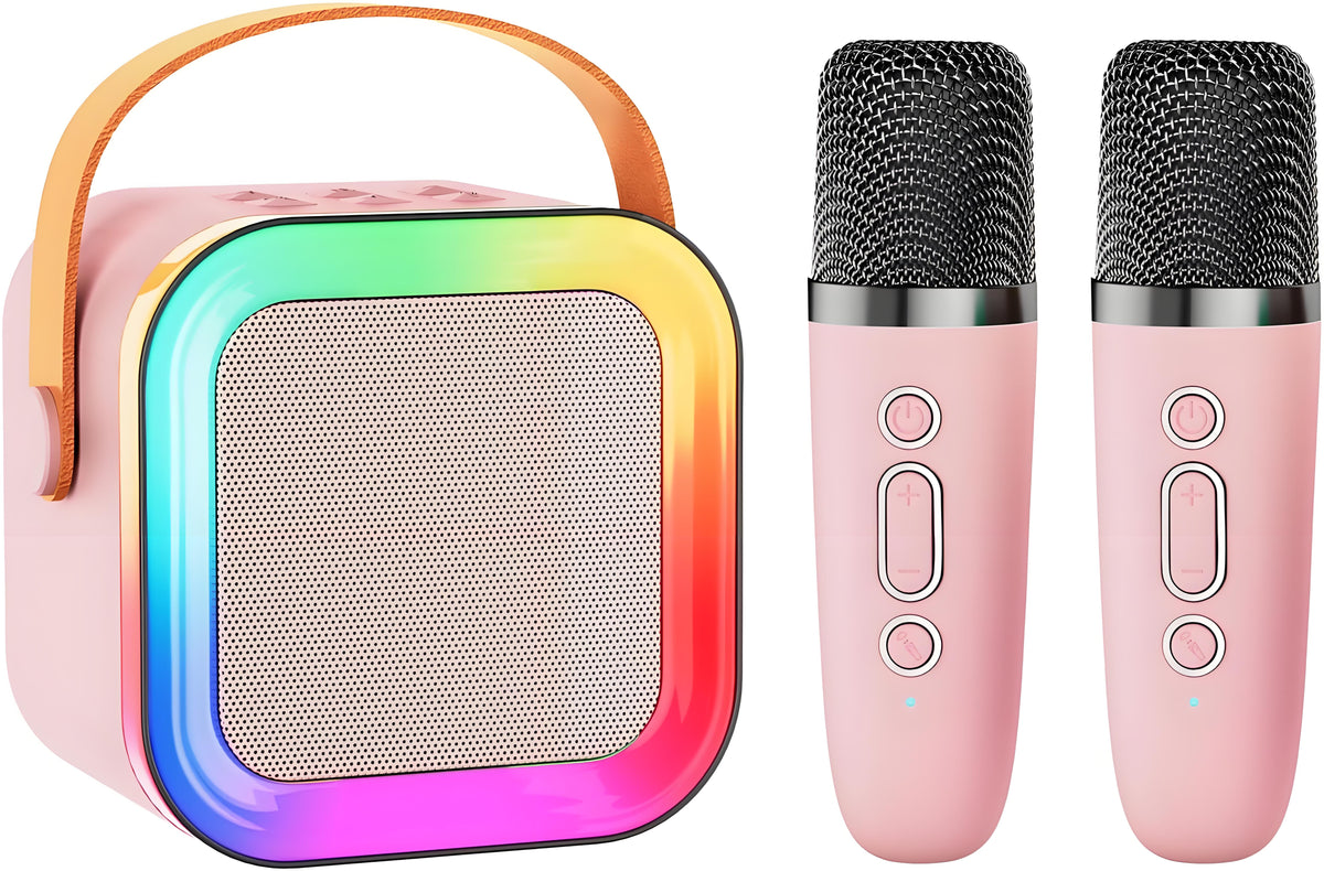 Pink Mini Karaoke Machine with 2 Wireless Microphones: Portable Bluetooth Speaker for Kids &amp; Adults, Ideal Gift for All Occasions