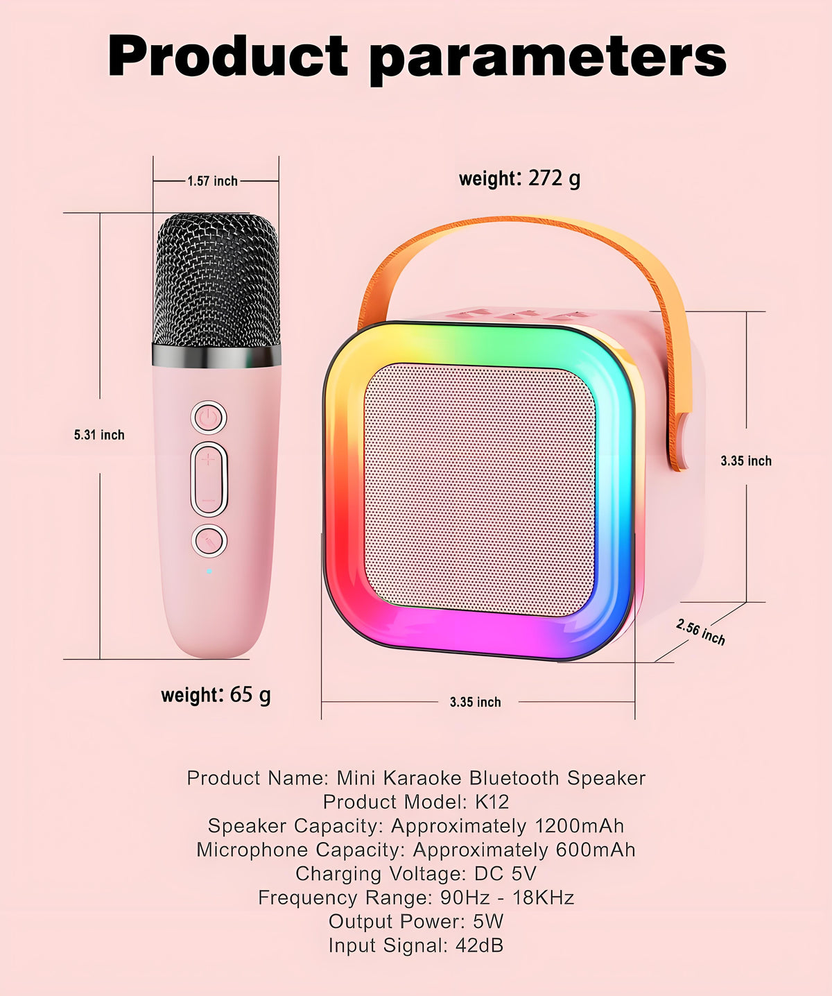 Pink Mini Karaoke Machine with 2 Wireless Microphones: Portable Bluetooth Speaker for Kids & Adults, Ideal Gift for All Occasions