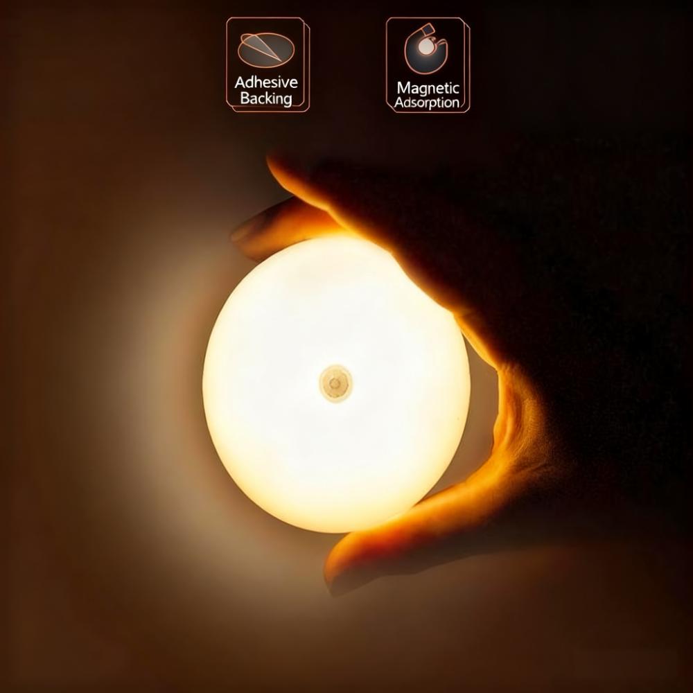 Motion Sensor LED Night Light, 86mm Diameter Smart Induction Lamp with USB Charging & Magnetic Mount, Long-Lasting Battery