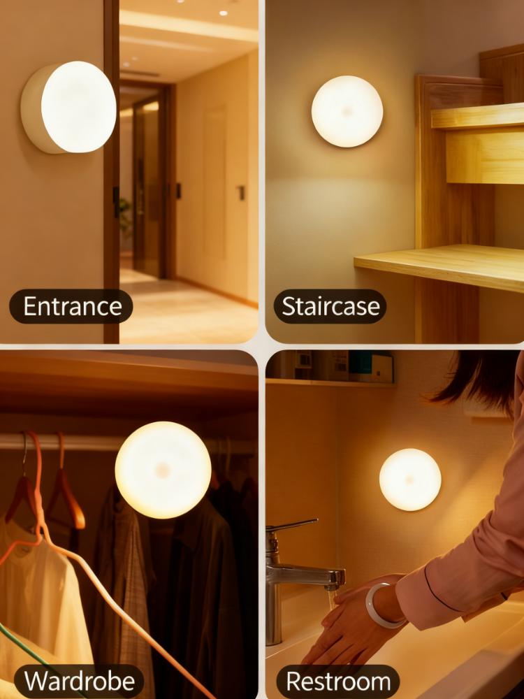 Motion Sensor LED Night Light, 86mm Diameter Smart Induction Lamp with USB Charging & Magnetic Mount, Long-Lasting Battery