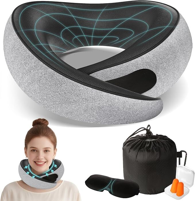Travel Neck Pillows for Airplanes - 360° Ergonomic Memory Foam Travel Pillow - Relief Neck Pain with Breathable Support for Long Flights, Car, Train & Office Use - Adults & Kids