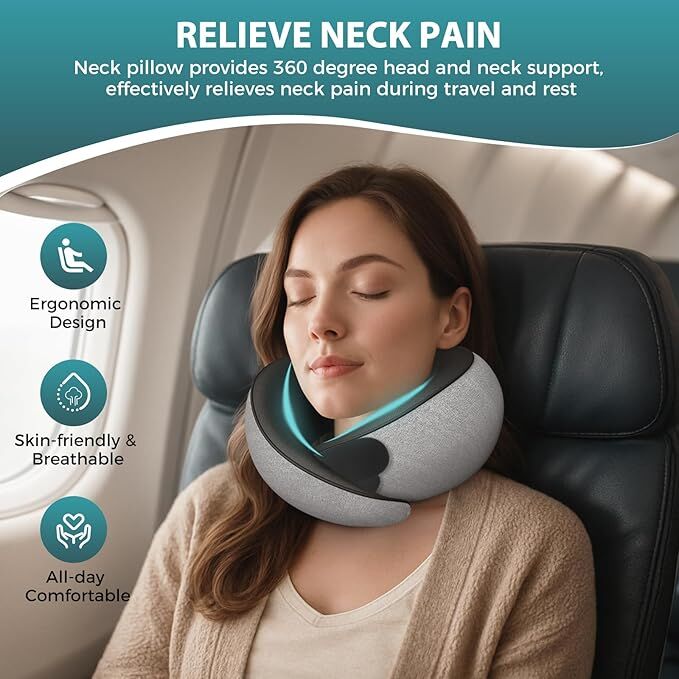 Travel Neck Pillows for Airplanes - 360° Ergonomic Memory Foam Travel Pillow - Relief Neck Pain with Breathable Support for Long Flights, Car, Train & Office Use - Adults & Kids