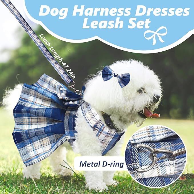 Pet products  Dog Dress Bowknot Harness Leash Set for Small Dogs Girl Cute Plaid Dog Dress Pearls Bow Tie Spring Summer Princess Clothes Birthday Holiday Doggie Outfits for Puppy Cats Girl Apparel