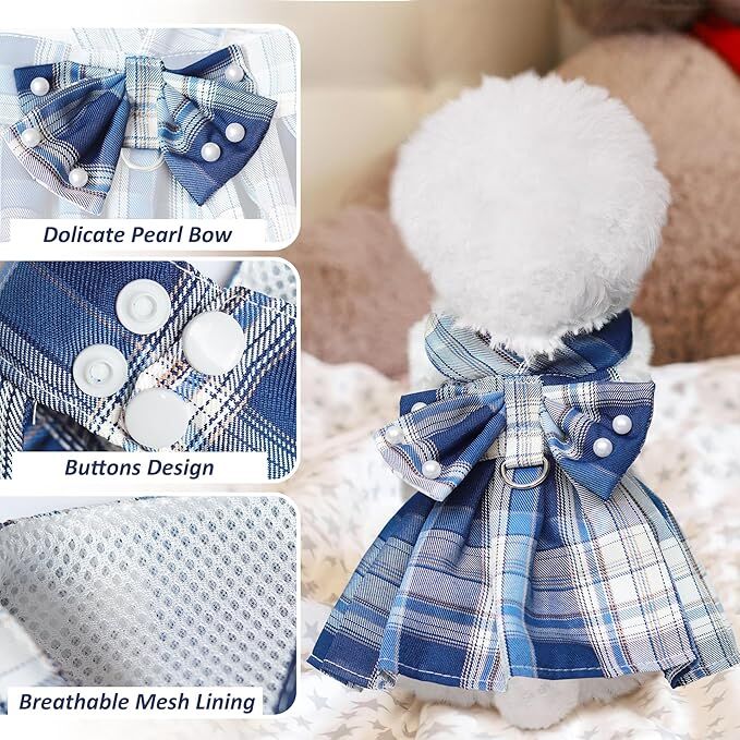 Pet products  Dog Dress Bowknot Harness Leash Set for Small Dogs Girl Cute Plaid Dog Dress Pearls Bow Tie Spring Summer Princess Clothes Birthday Holiday Doggie Outfits for Puppy Cats Girl Apparel