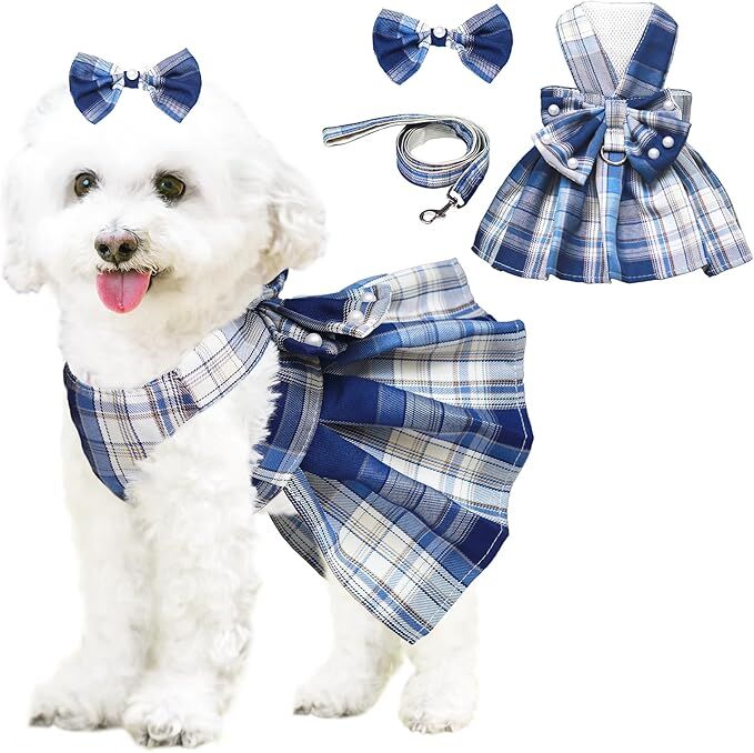 Pet products Dog Dress Bowknot Harness Leash Set for Small Dogs Girl Cute Plaid Dog Dress Pearls Bow Tie Spring Summer Princess Clothes Birthday Holiday Doggie Outfits for Puppy Cats Girl Apparel