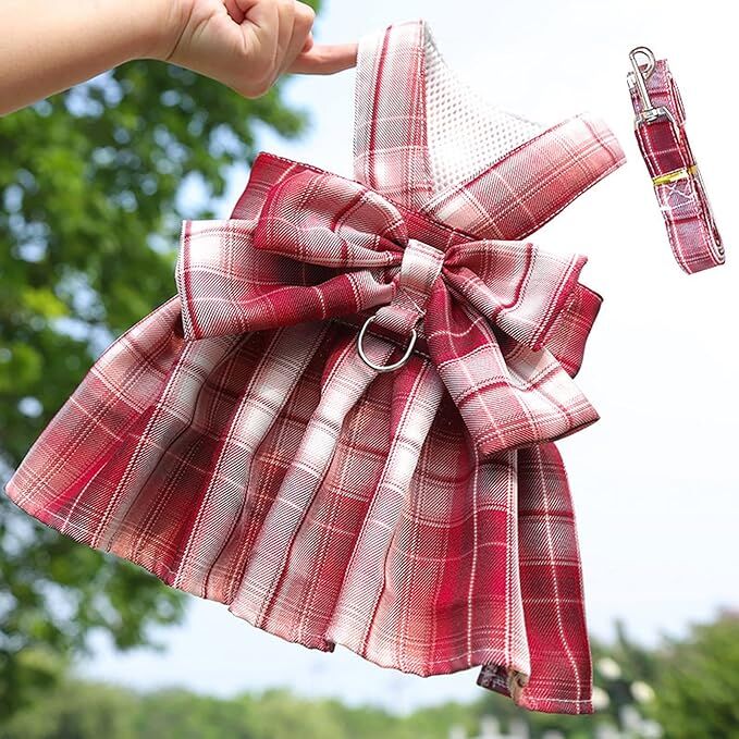Pet products  Dog Dress Bowknot Harness Leash Set for Small Dogs Girl Cute Plaid Dog Dress Pearls Bow Tie Spring Summer Princess Clothes Birthday Holiday Doggie Outfits for Puppy Cats Girl Apparel