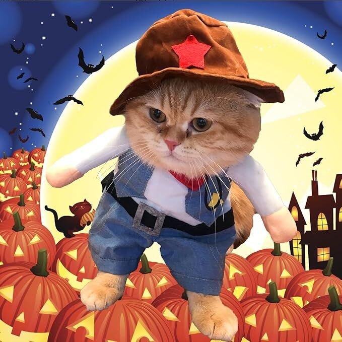 Pet products Small Dog Cowboy Costume with Hat 2pcs Funny Halloween Chucky Costumes Cool West Cowboy Uniform Puppy Denim Overalls Western Cosplay Sheriff Outfits Cat Apparel